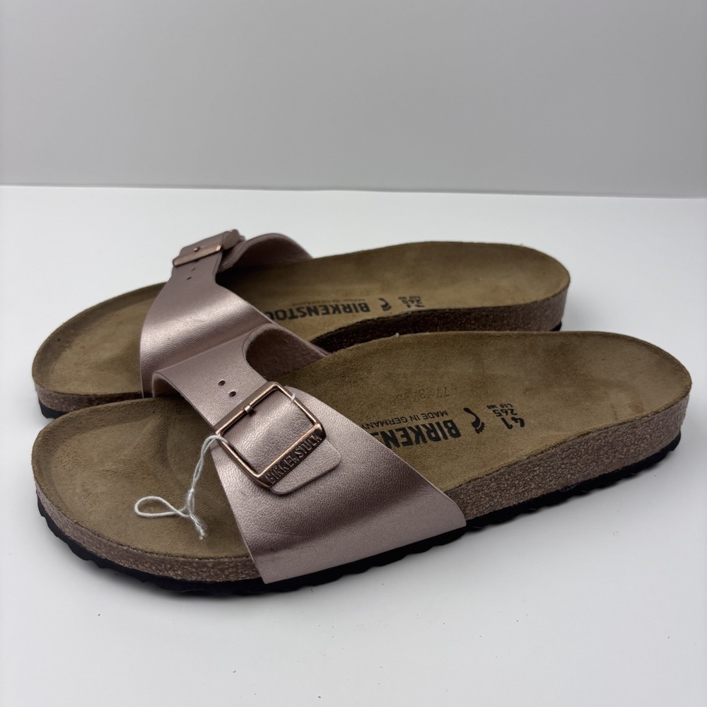 Birkenstock Metallic Rose Gold Single Strap Slide Sandals